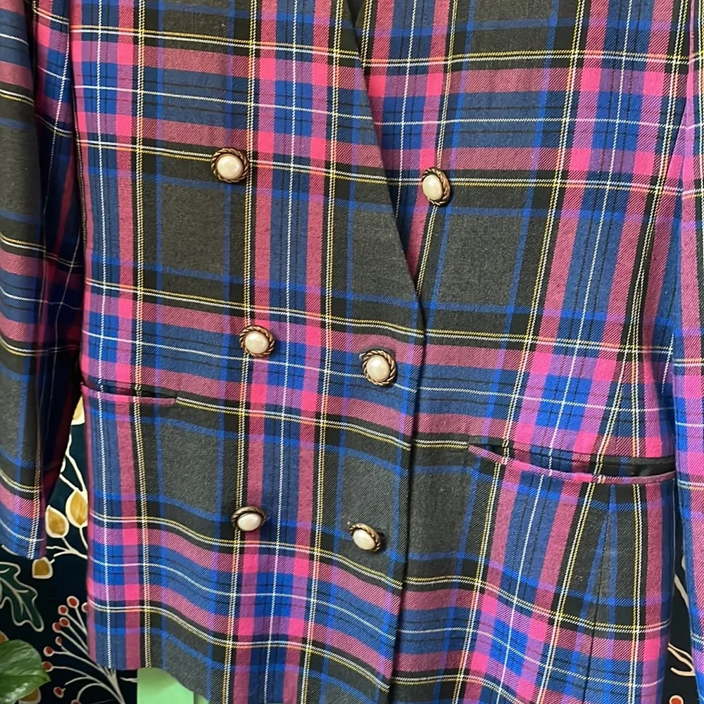 HBS Ltd. Vintage Pink and Blue Plaid Oversized Blazer